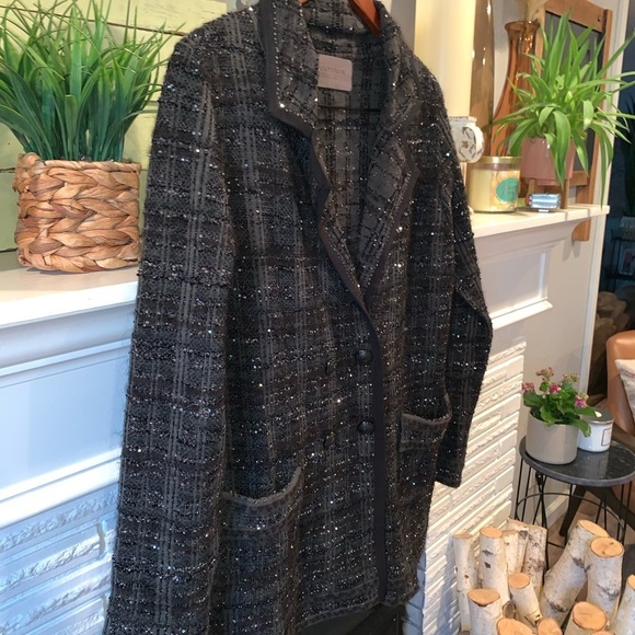 D. EXTERIOR Green & Black Wool Plaid Sparkle Double Breasted Blazer Holiday L - Picture 8 of 9